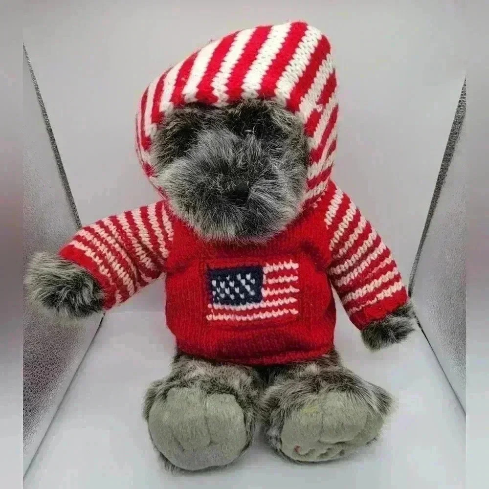 Dillars Grey Teddy Bear Patriotic USA Knitted Sweater Hoodie Soft Faux Fur